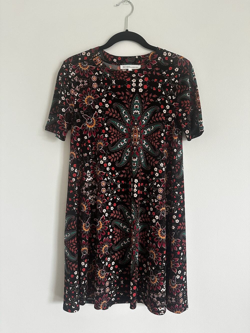 BCBGeneration Paisley Floral A-Line Mini Dress Black Rust Small Stretch